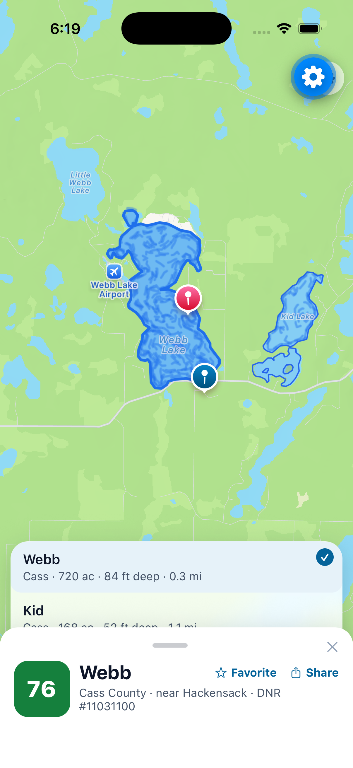 Map view with tappable lakes